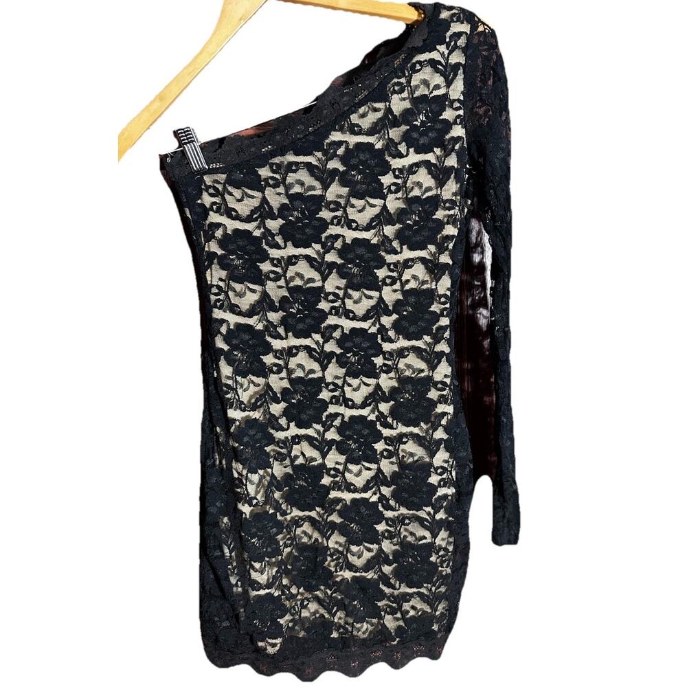 A’GACI One Shoulder Lace Bodycon Dress Black Nude Vintage Clubwear Size S